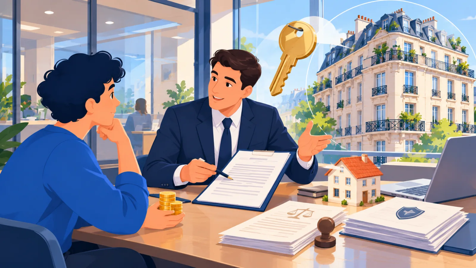 Conseiller en costume présentant un dossier à un client, pièces d'or et maquette de maison sur le bureau