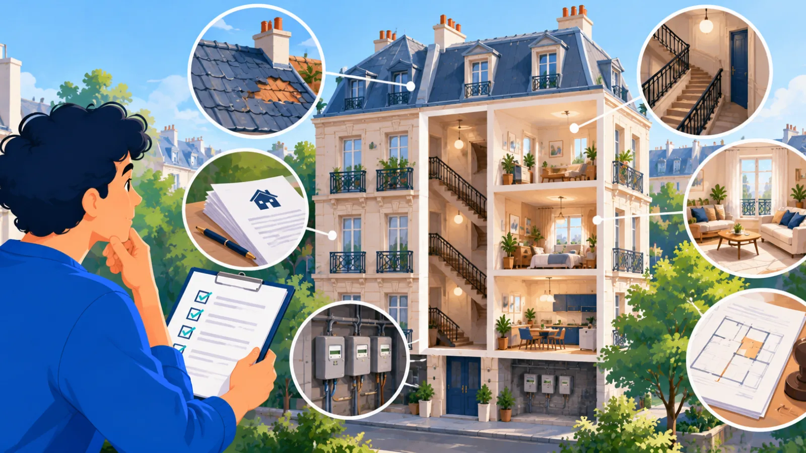 Acheteur avec une liste cochée devant un immeuble, loupes sur toiture, compteurs, escalier et plans