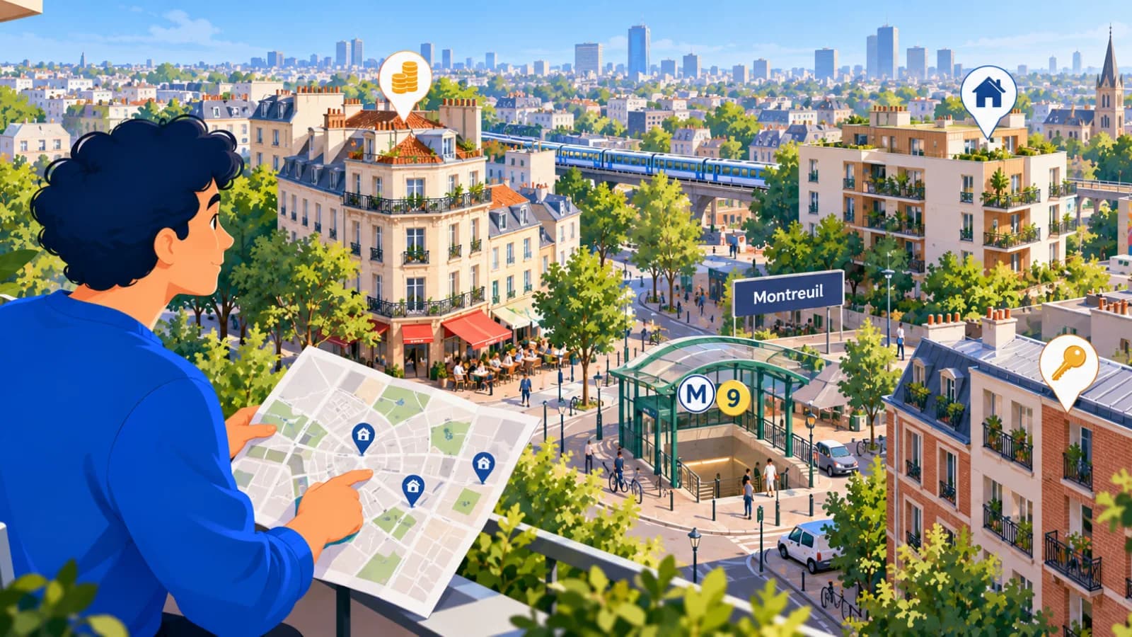 Jeune investisseur sur un balcon, plan à la main, devant la station de métro Montreuil