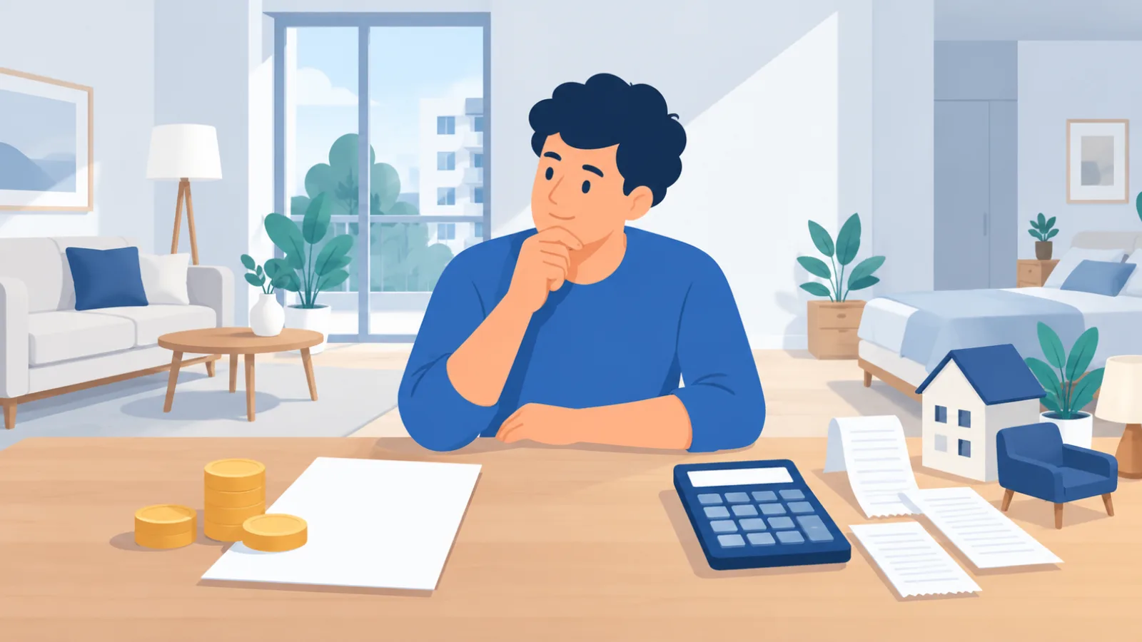 Jeune homme réfléchissant à son bureau, entre pièces, calculatrice, tickets de dépenses et maquette de maison